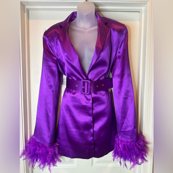 Bronx and Banco Odessa Feather-Cuff Belted Blazer in Purple - Picture 7 of 10